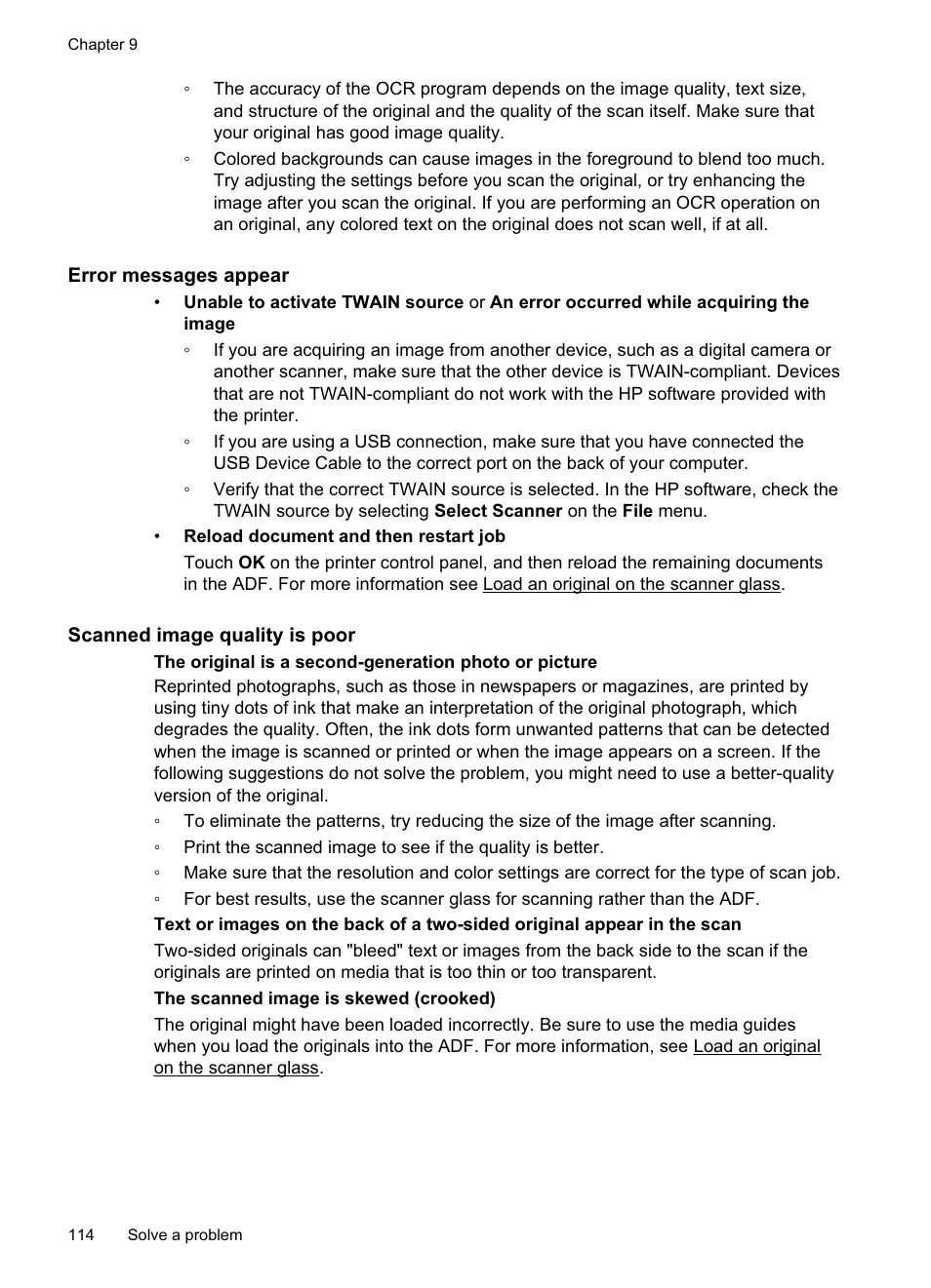 Error messages appear, Scanned image quality is poor | HP Officejet Pro 8500A User Manual | Page 118 / 246