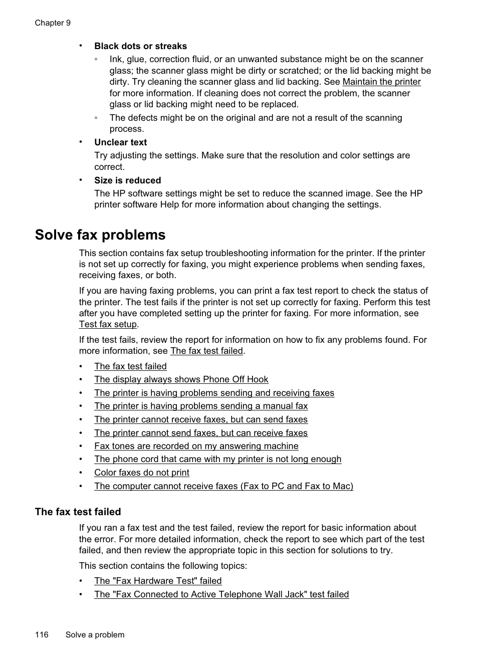 Solve fax problems, The fax test failed | HP Officejet Pro 8500A User Manual | Page 120 / 246