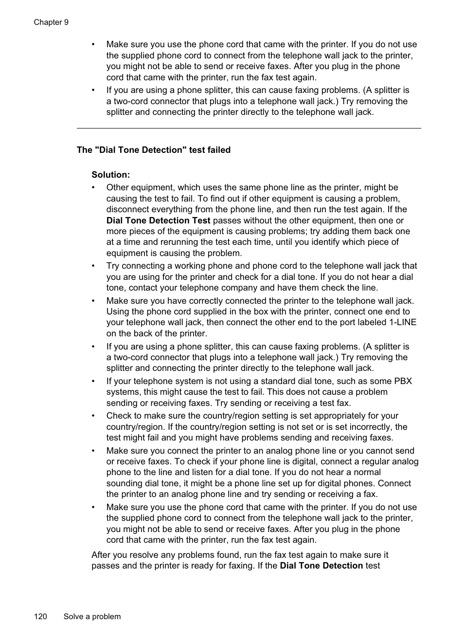 The "dial tone detection" test failed | HP Officejet Pro 8500A User Manual | Page 124 / 246