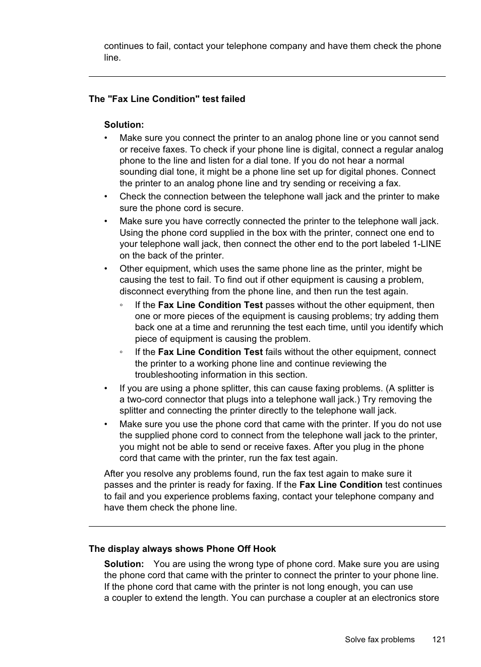 The display always shows phone off hook, The "fax line condition" test failed | HP Officejet Pro 8500A User Manual | Page 125 / 246