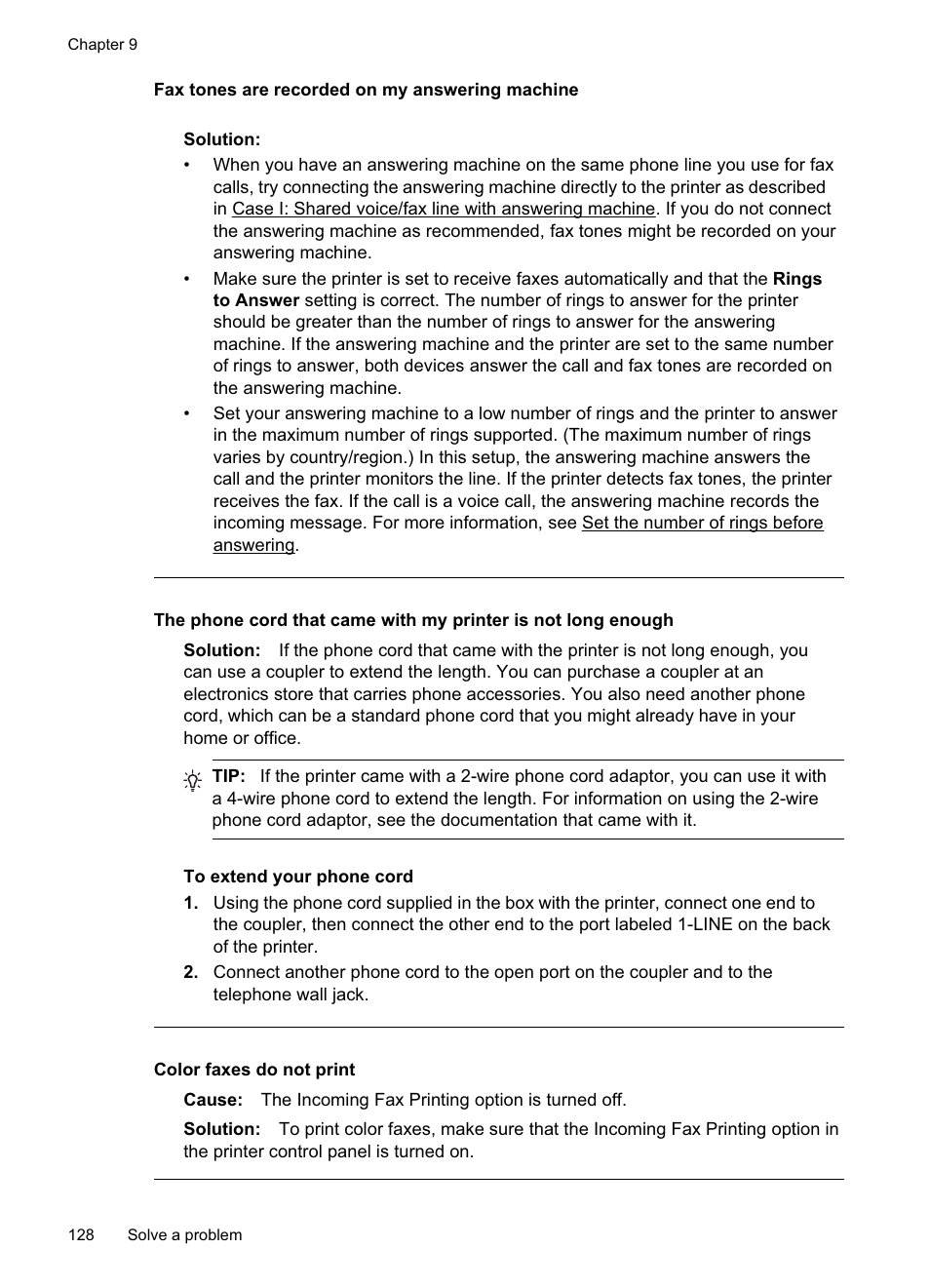 Fax tones are recorded on my answering machine, Color faxes do not print | HP Officejet Pro 8500A User Manual | Page 132 / 246