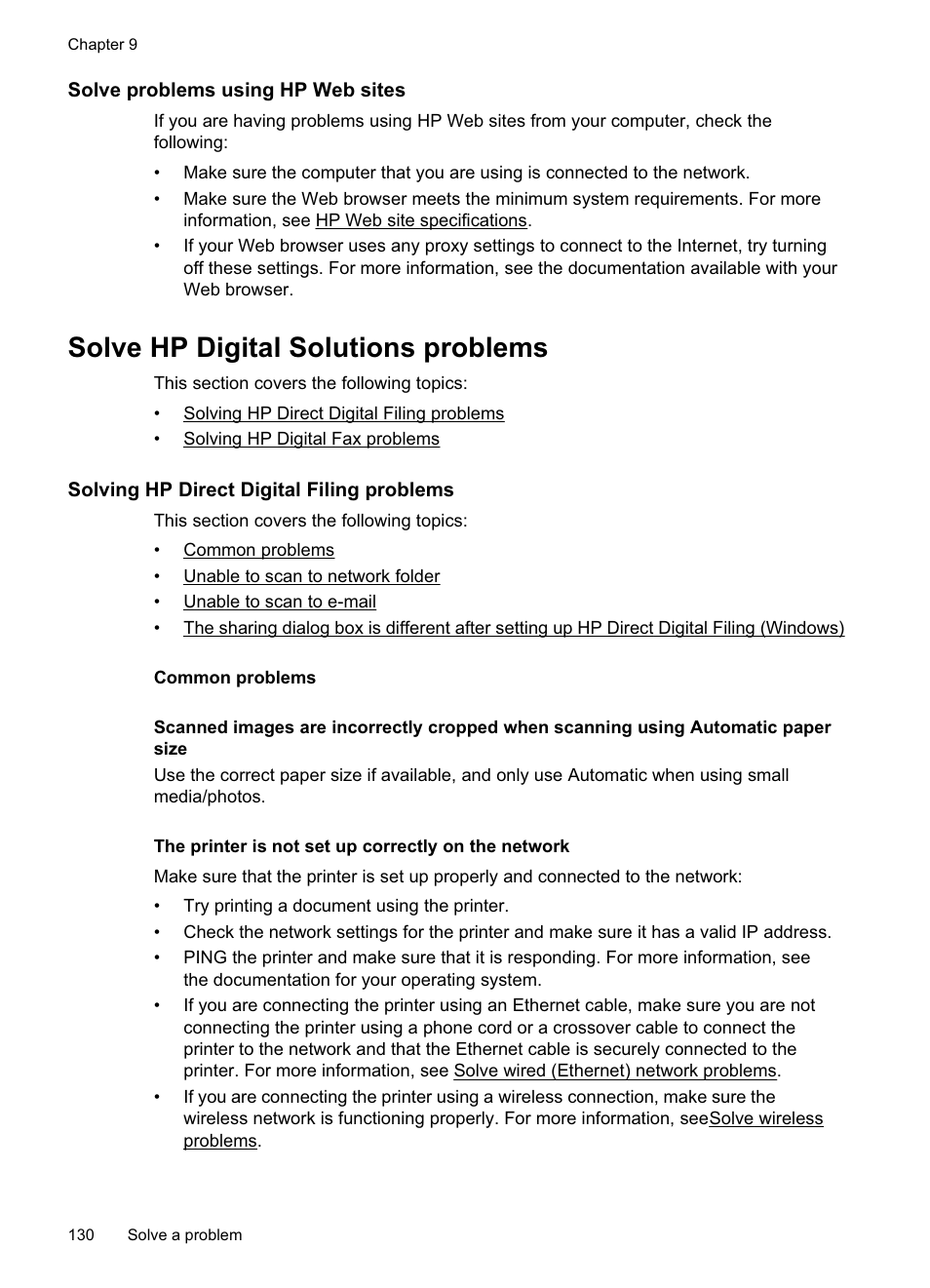 Solve problems using hp web sites, Solve hp digital solutions problems, Solving hp direct digital filing problems | Common problems, Solving hp digital fax problems | HP Officejet Pro 8500A User Manual | Page 134 / 246