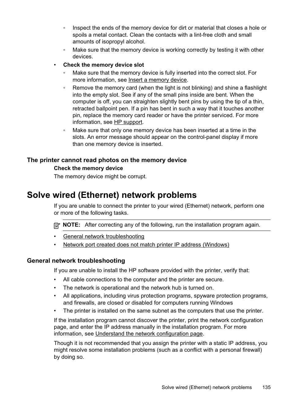 Solve wired (ethernet) network problems, General network troubleshooting, See solve wired (ethernet) network problems | HP Officejet Pro 8500A User Manual | Page 139 / 246