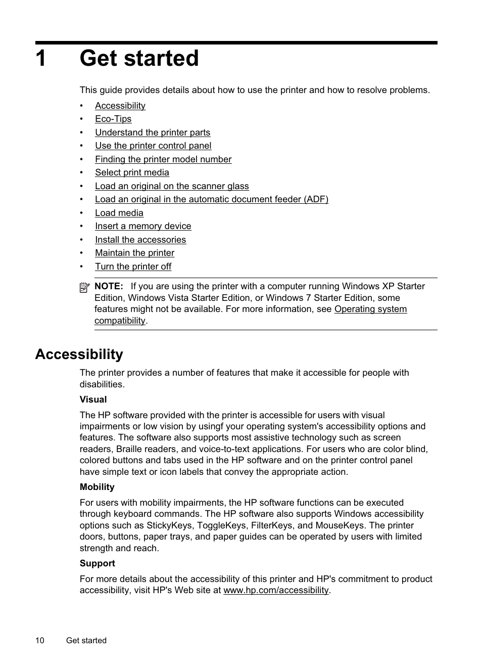 Get started, Accessibility, Get started accessibility | 1get started | HP Officejet Pro 8500A User Manual | Page 14 / 246