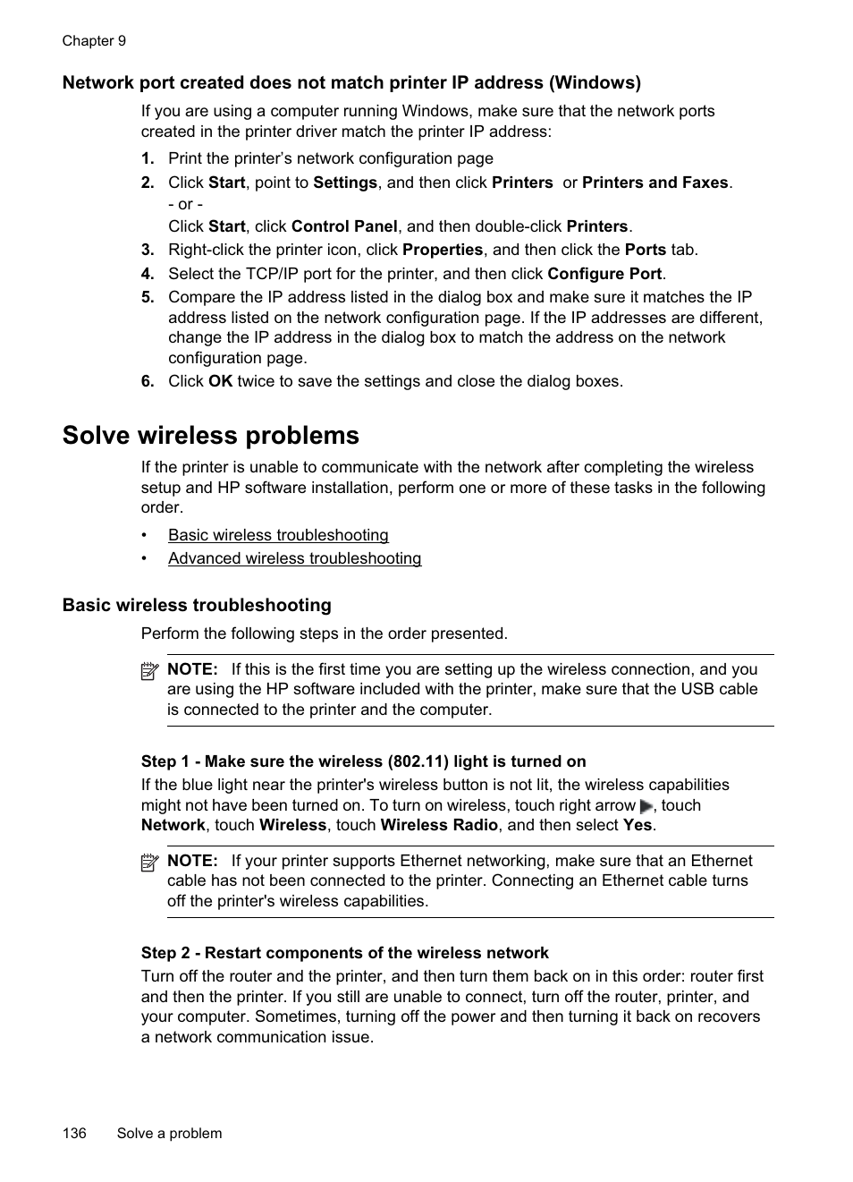 Solve wireless problems, Basic wireless troubleshooting, See solve wireless problems | HP Officejet Pro 8500A User Manual | Page 140 / 246