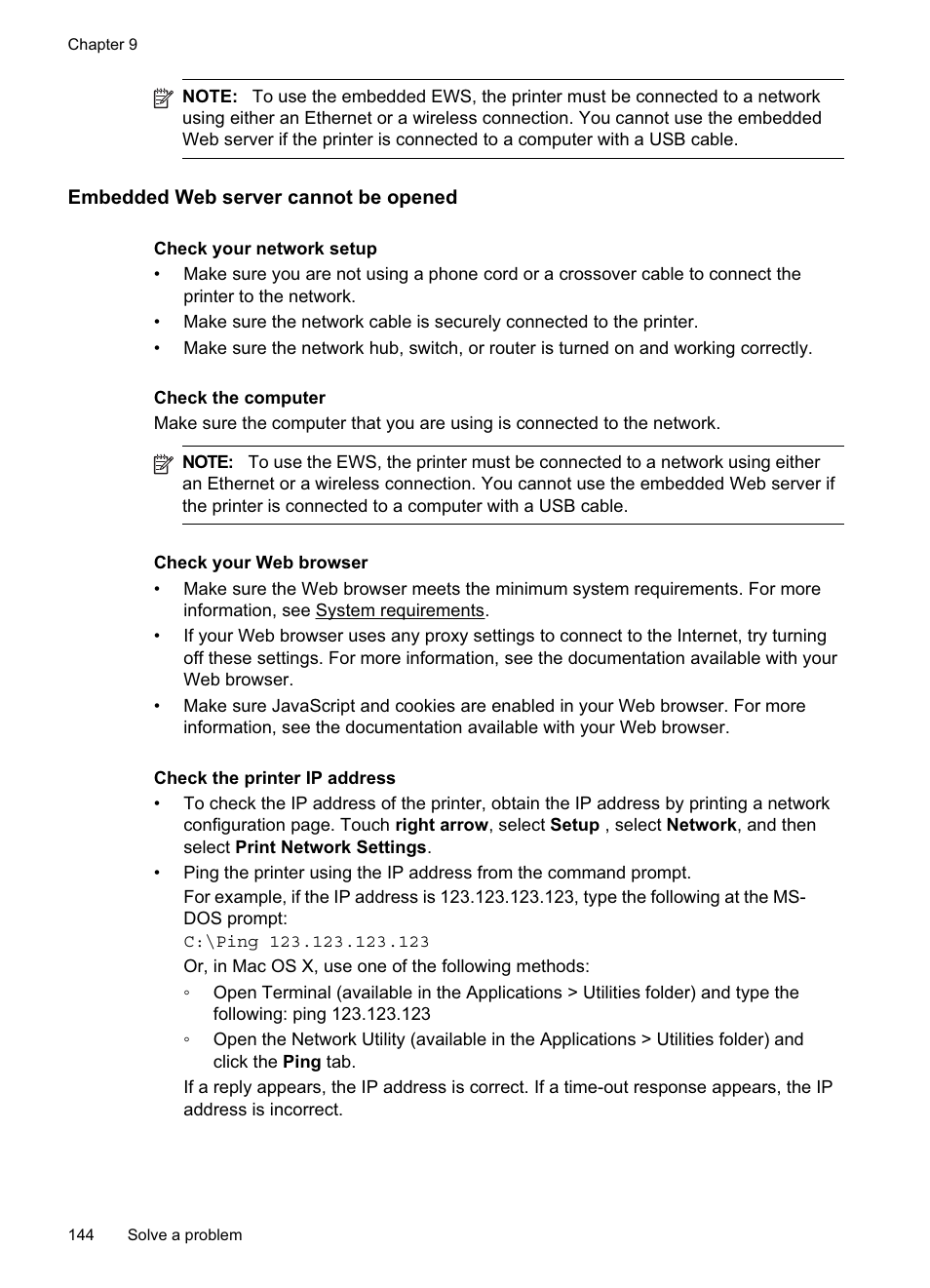 Embedded web server cannot be opened | HP Officejet Pro 8500A User Manual | Page 148 / 246