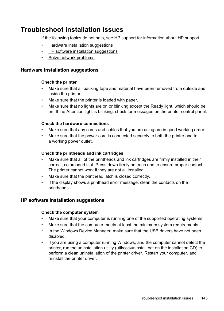 Troubleshoot installation issues, Hardware installation suggestions, Hp software installation suggestions | HP Officejet Pro 8500A User Manual | Page 149 / 246