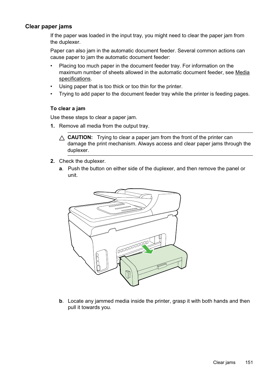 Clear paper jams | HP Officejet Pro 8500A User Manual | Page 155 / 246