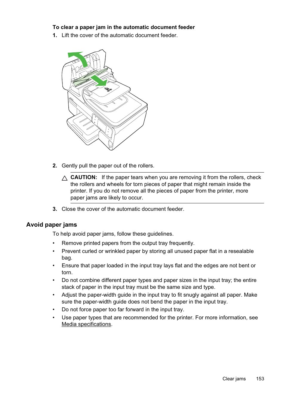 Avoid paper jams | HP Officejet Pro 8500A User Manual | Page 157 / 246