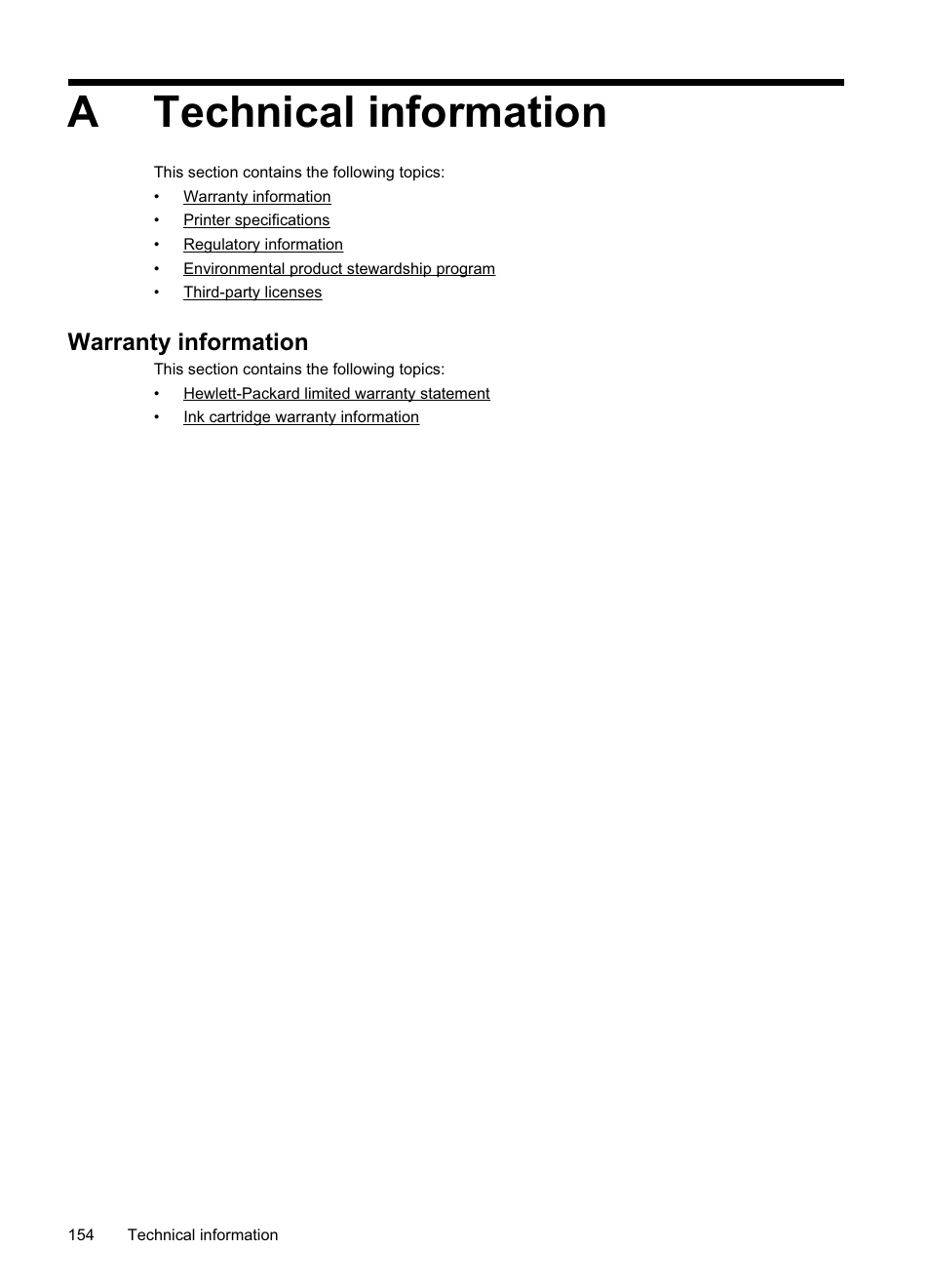 Technical information, Warranty information, Technical information warranty information | Atechnical information | HP Officejet Pro 8500A User Manual | Page 158 / 246