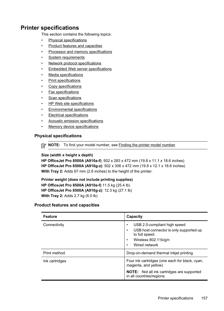 Printer specifications, Physical specifications, Product features and capacities | Memory card specifications usb flash drives | HP Officejet Pro 8500A User Manual | Page 161 / 246