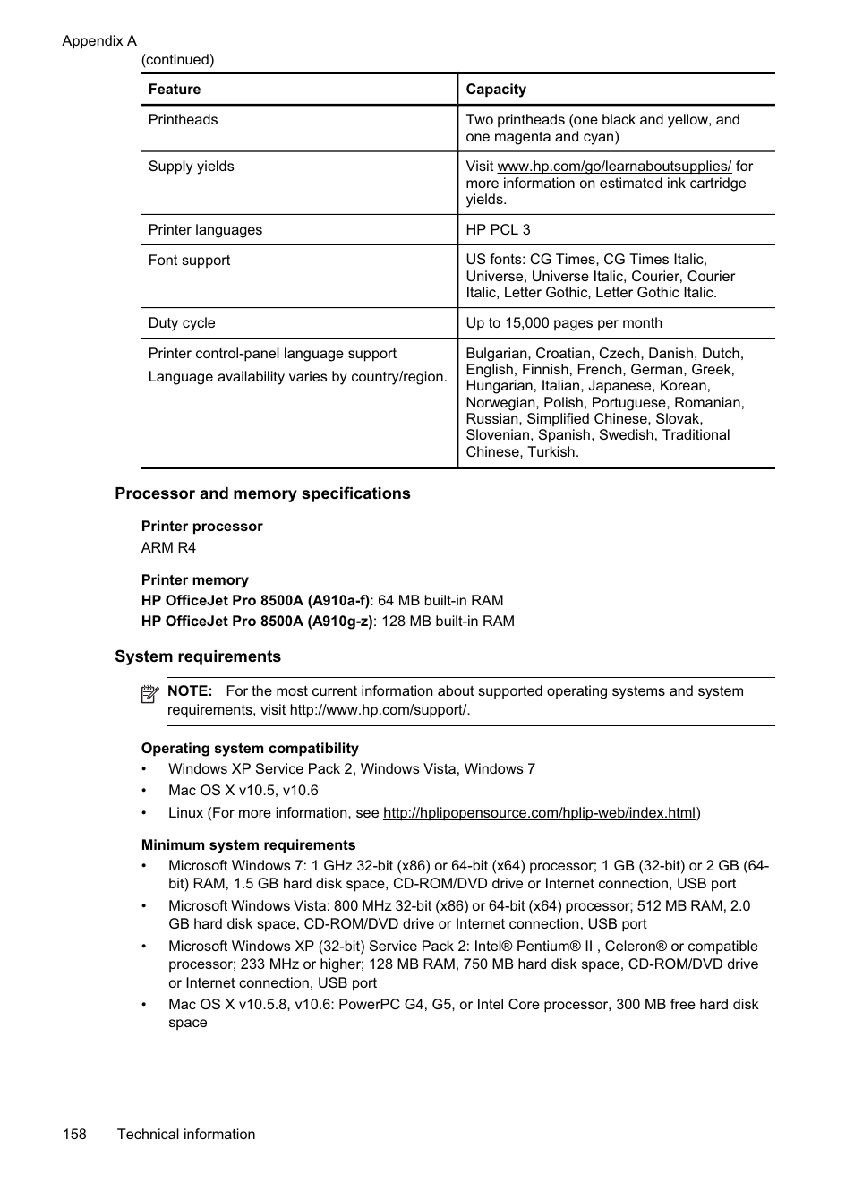 Processor and memory specifications, System requirements, Operating system compatibility | HP Officejet Pro 8500A User Manual | Page 162 / 246