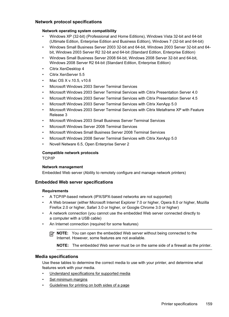 Network protocol specifications, Embedded web server specifications, Media specifications | See media specifications, More information, see media specifications, Images. see media specifications, Information, see media specifications | HP Officejet Pro 8500A User Manual | Page 163 / 246