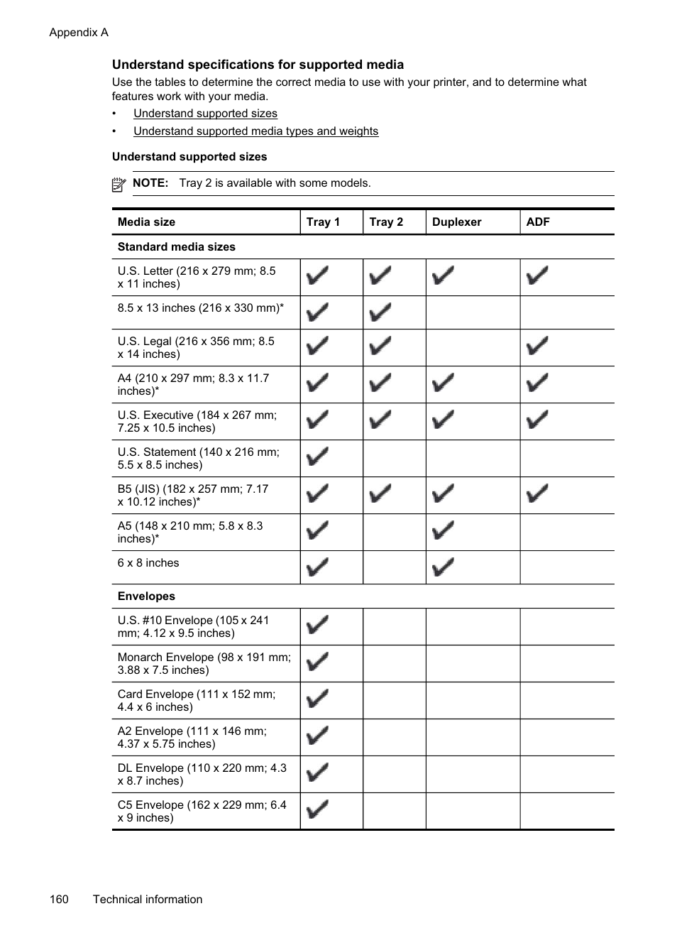 Understand specifications for supported media | HP Officejet Pro 8500A User Manual | Page 164 / 246