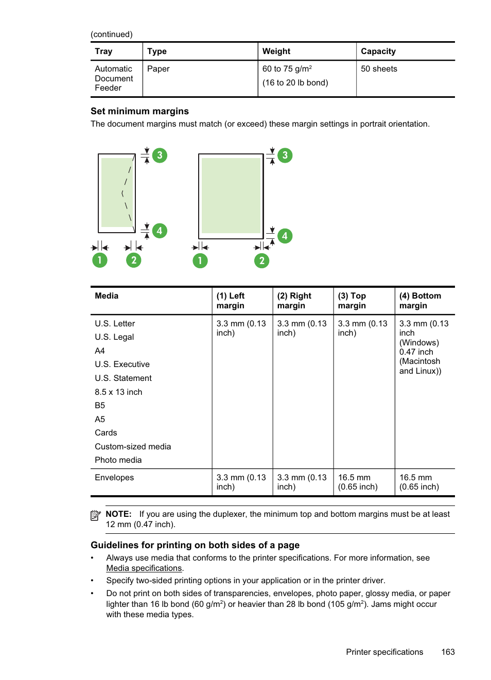 Set minimum margins, See guidelines for printing on, Guidelines for printing on | See set minimum margins | HP Officejet Pro 8500A User Manual | Page 167 / 246