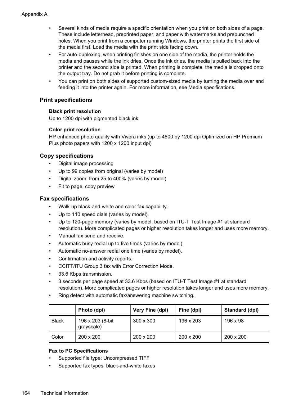 Print specifications, Copy specifications, Fax specifications | HP Officejet Pro 8500A User Manual | Page 168 / 246