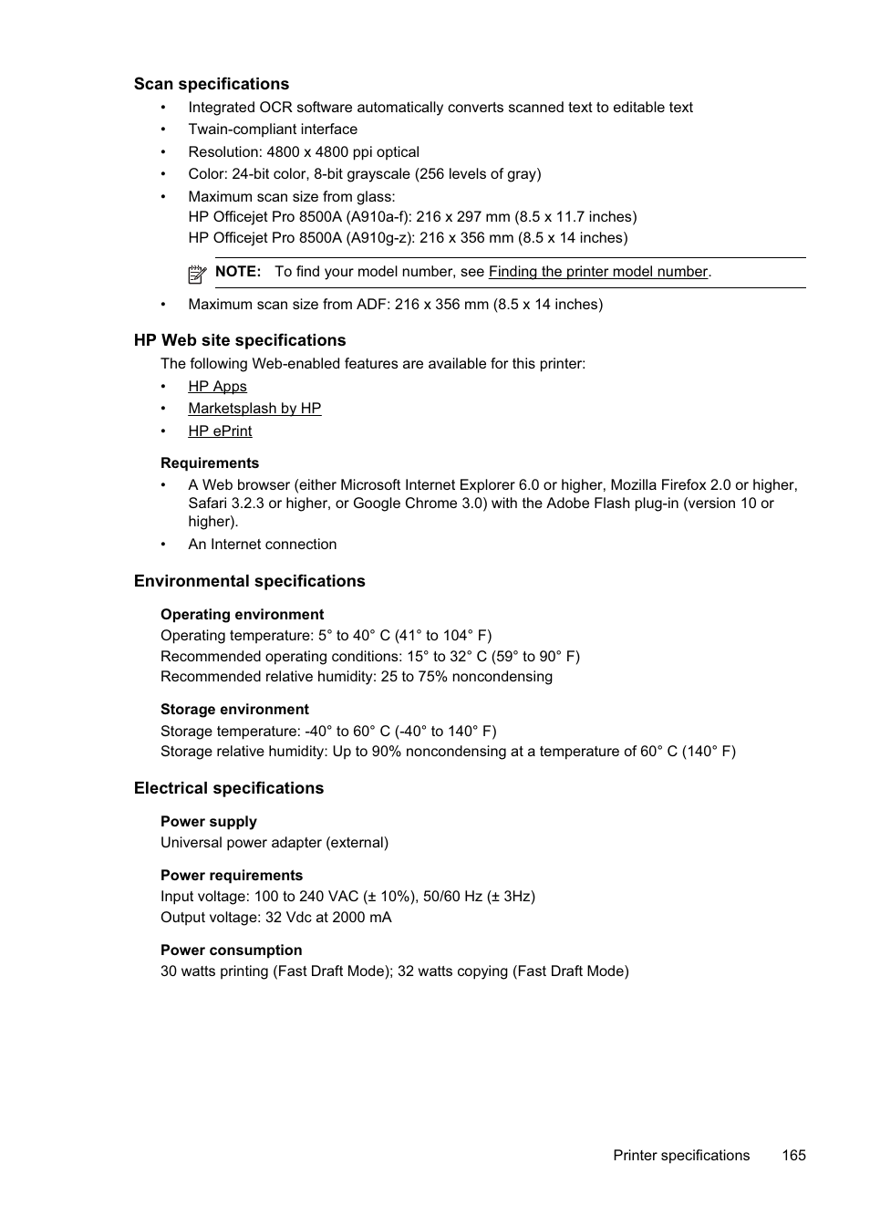 Scan specifications, Hp web site specifications, Environmental specifications | Electrical specifications, Information, see hp web site specifications | HP Officejet Pro 8500A User Manual | Page 169 / 246