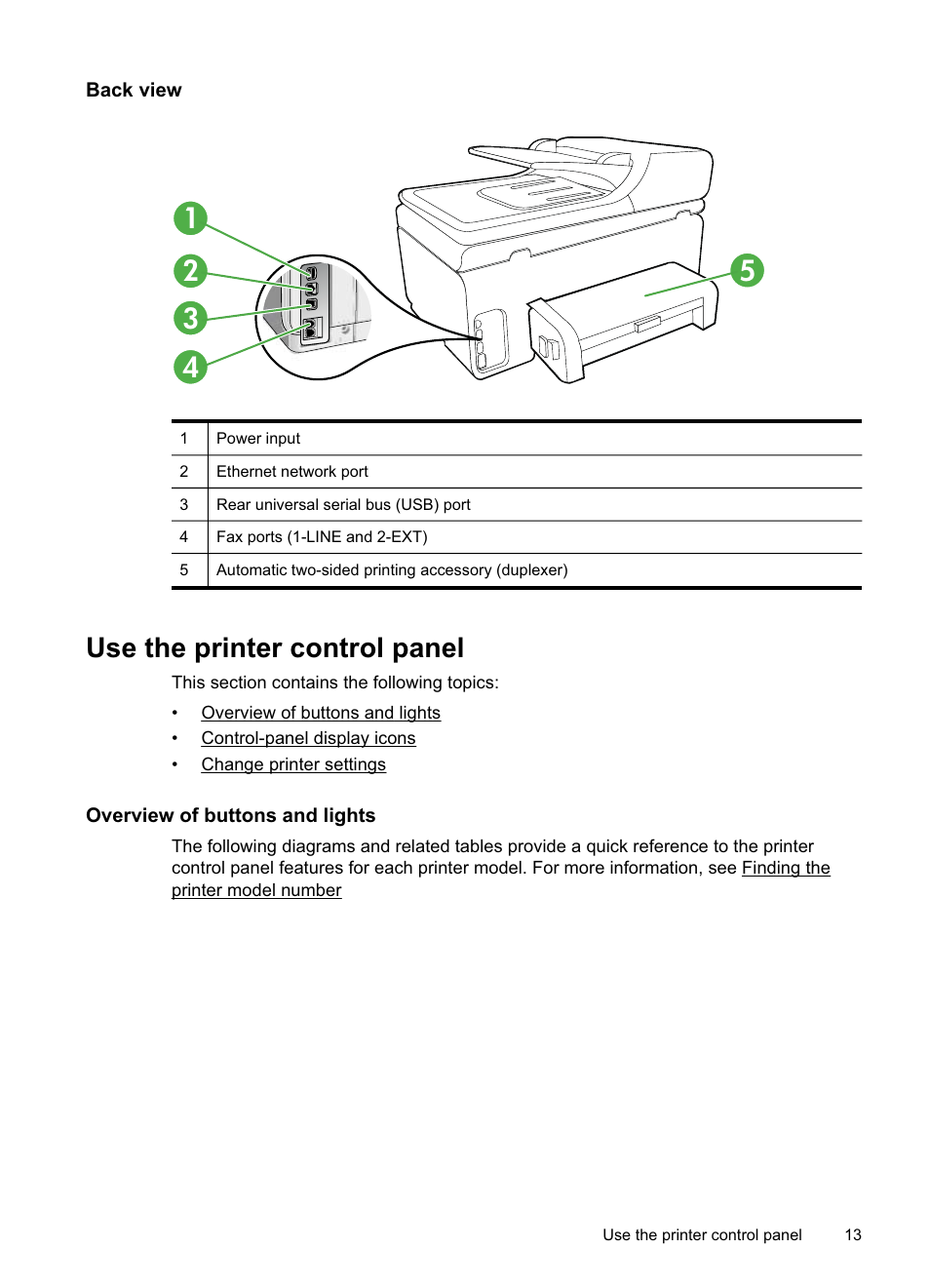 Back view, Use the printer control panel, Overview of buttons and lights | Select the mode change printer settings | HP Officejet Pro 8500A User Manual | Page 17 / 246