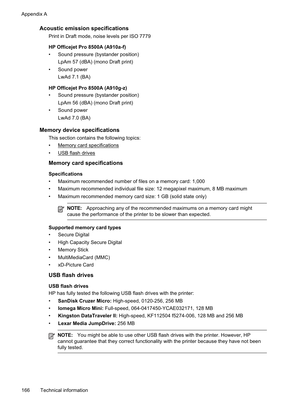 Acoustic emission specifications, Memory device specifications, Memory card specifications | Usb flash drives, Usb devices, see memory card specifications | HP Officejet Pro 8500A User Manual | Page 170 / 246