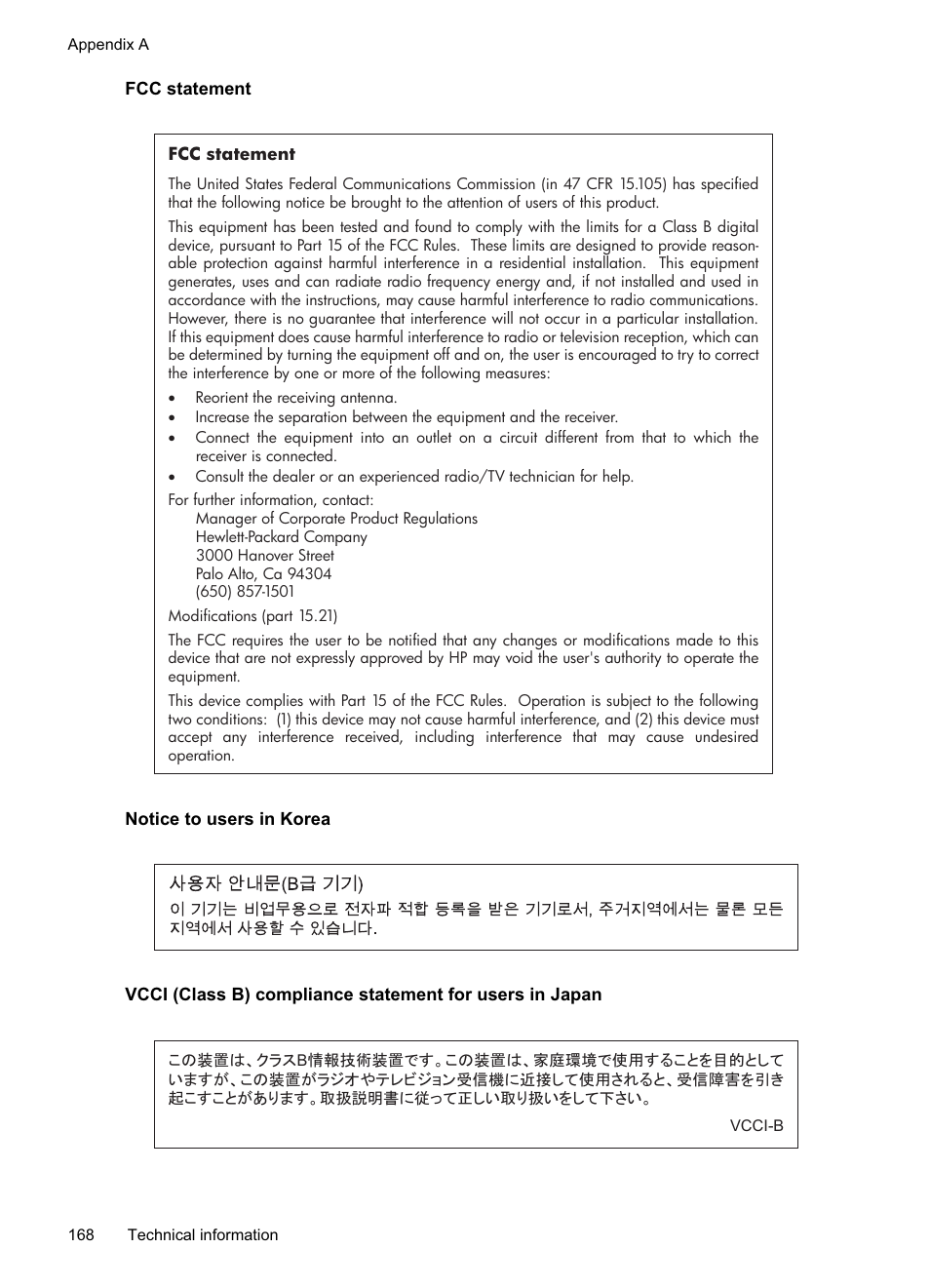 Fcc statement, Notice to users in korea | HP Officejet Pro 8500A User Manual | Page 172 / 246