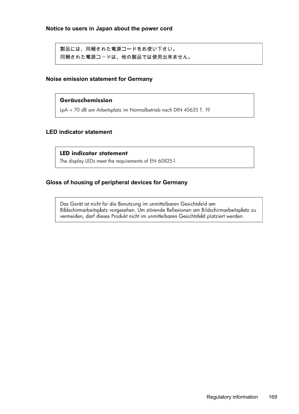 Notice to users in japan about the power cord, Noise emission statement for germany, Led indicator statement | Gloss of housing of peripheral devices for germany | HP Officejet Pro 8500A User Manual | Page 173 / 246