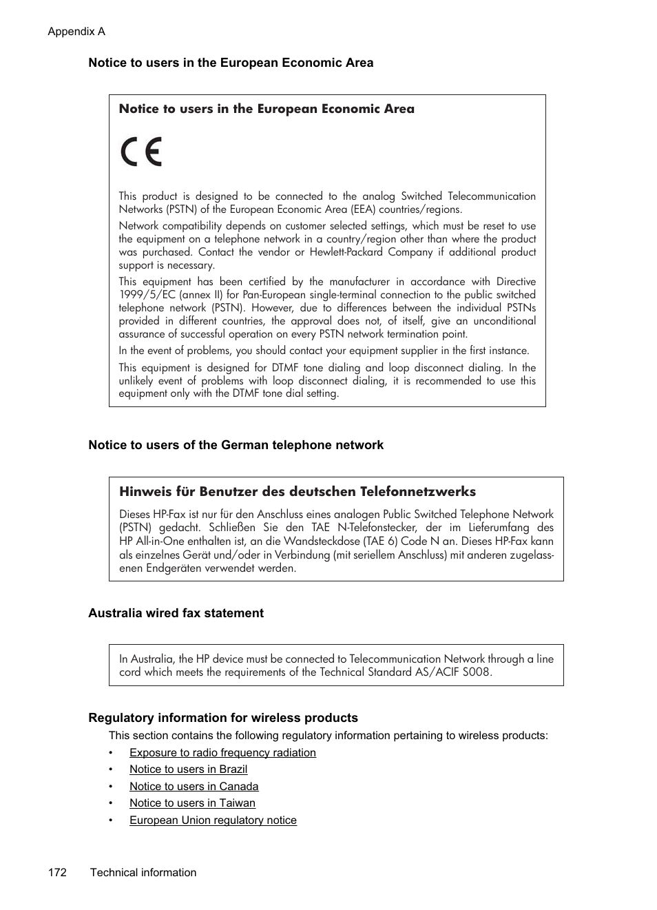 Notice to users in the european economic area, Notice to users of the german telephone network, Australia wired fax statement | Regulatory information for wireless products | HP Officejet Pro 8500A User Manual | Page 176 / 246