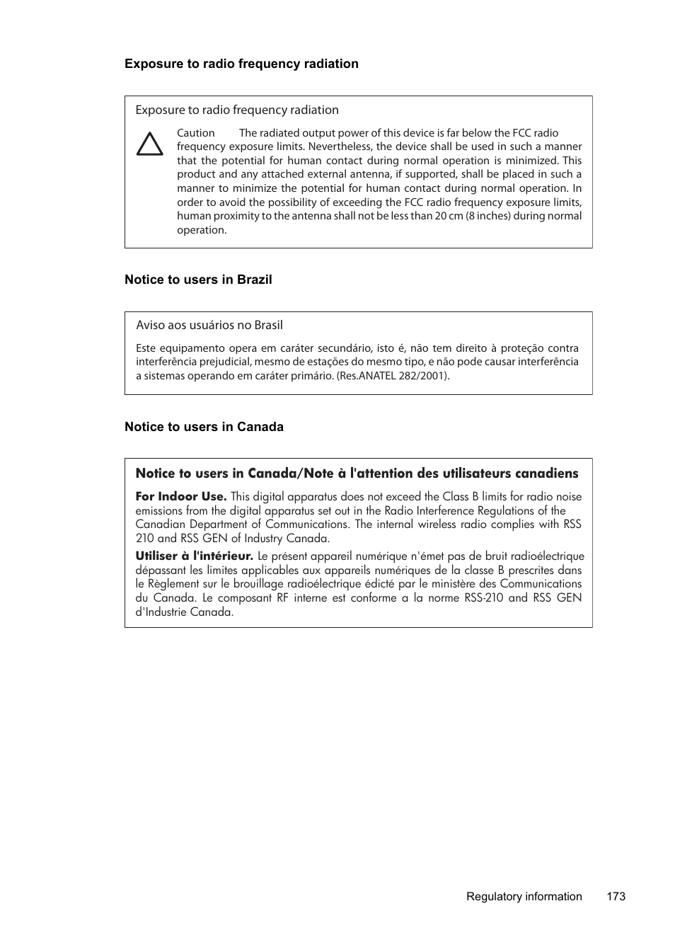 Exposure to radio frequency radiation, Notice to users in brazil, Notice to users in canada | HP Officejet Pro 8500A User Manual | Page 177 / 246