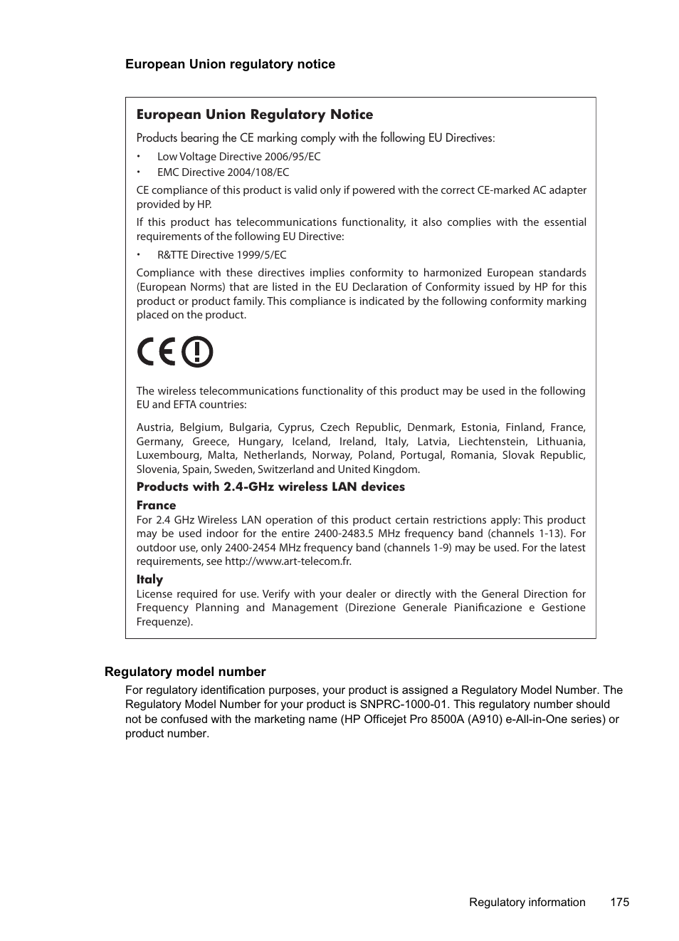 European union regulatory notice, Regulatory model number | HP Officejet Pro 8500A User Manual | Page 179 / 246