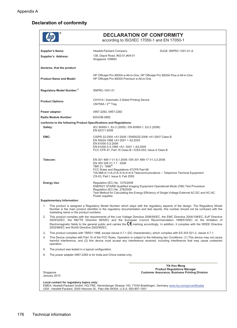 Declaration of conformity, Appendix a 176 technical information | HP Officejet Pro 8500A User Manual | Page 180 / 246