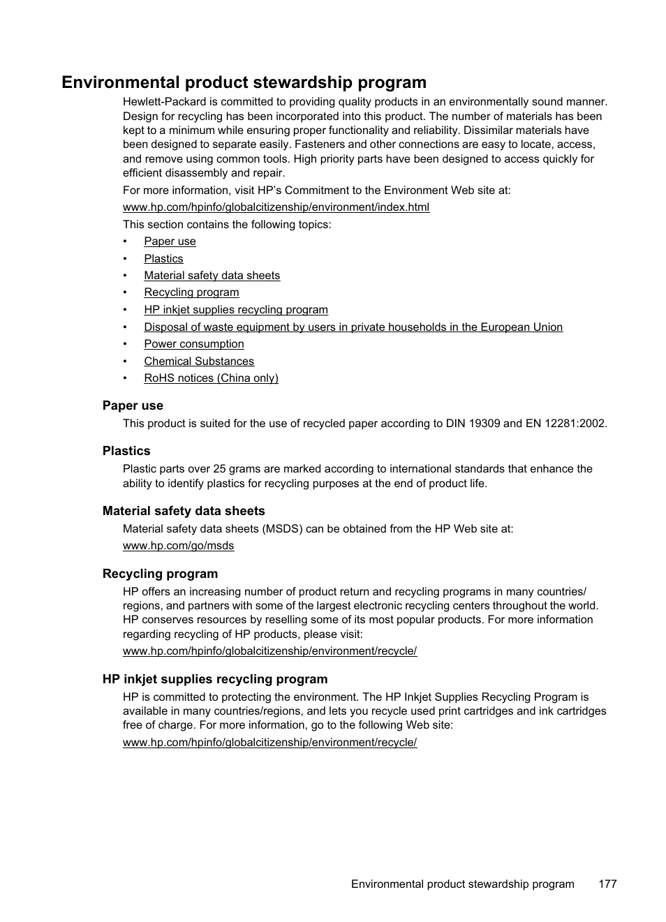 Environmental product stewardship program, Paper use, Plastics | Material safety data sheets, Recycling program, Hp inkjet supplies recycling program | HP Officejet Pro 8500A User Manual | Page 181 / 246