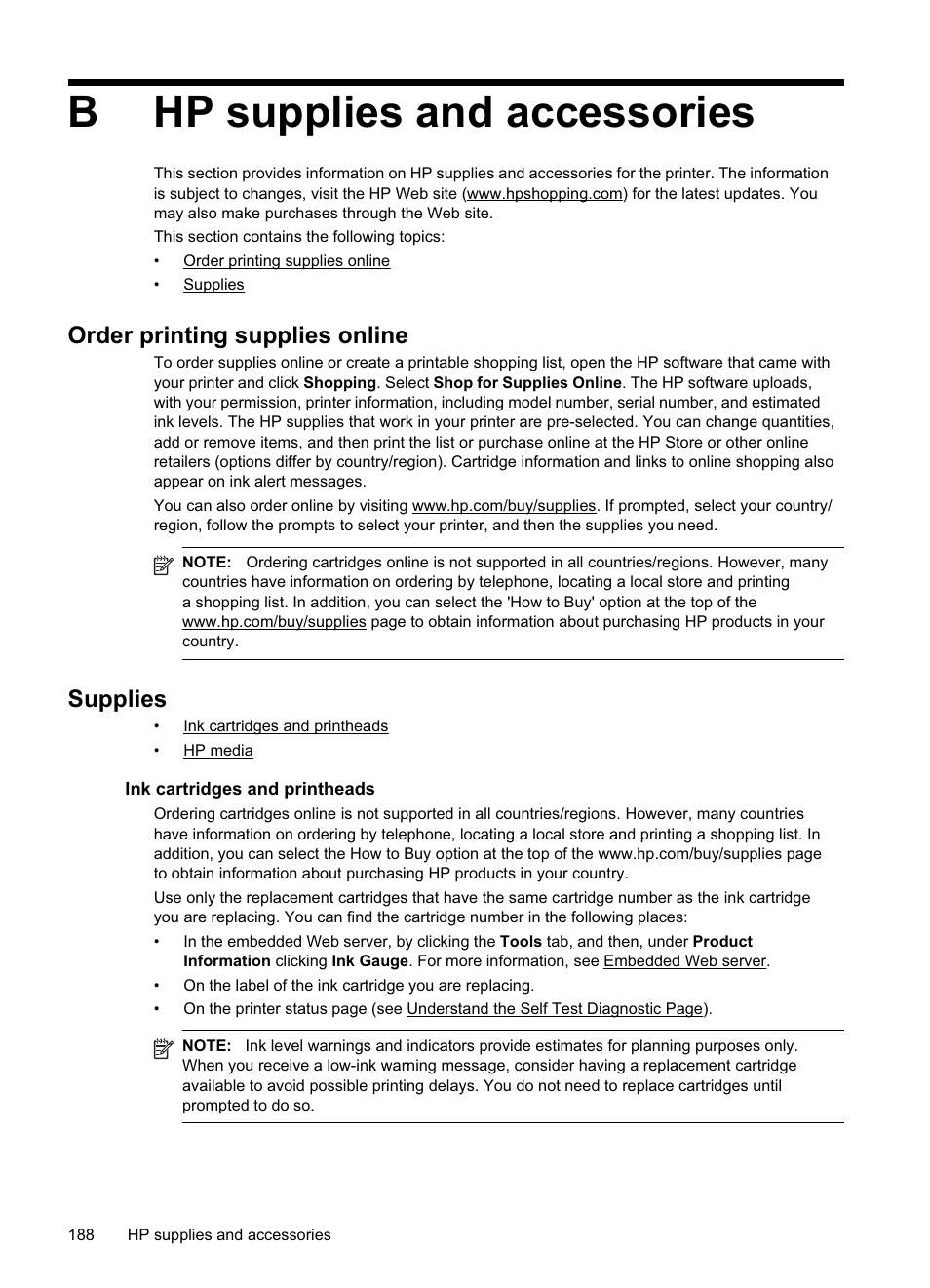 Hp supplies and accessories, Order printing supplies online, Supplies | Ink cartridges and printheads, Ink cartridges and printheads hp media, For ordering information, see supplies, Bhp supplies and accessories | HP Officejet Pro 8500A User Manual | Page 192 / 246