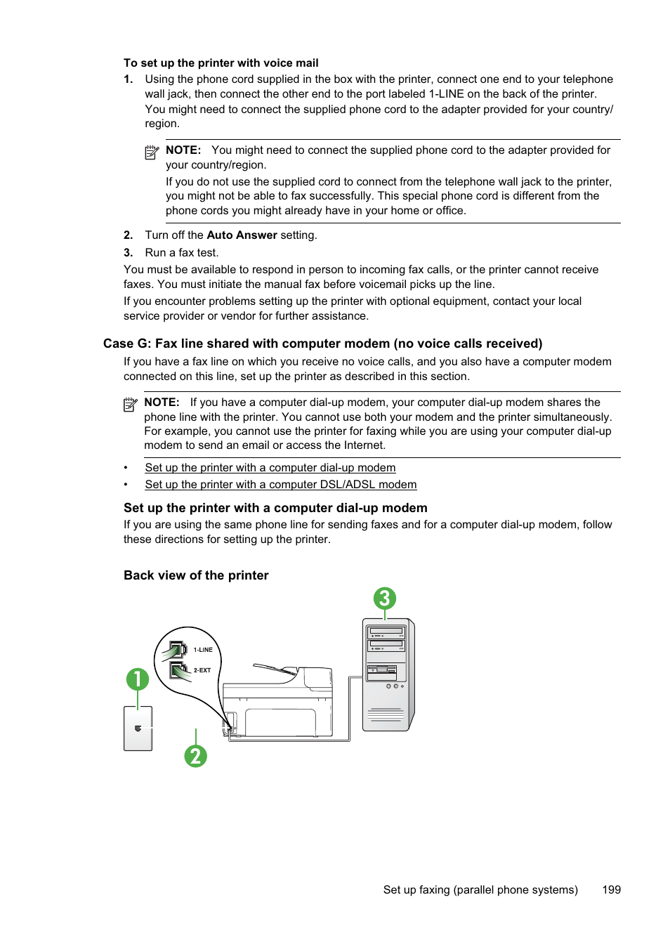 Set up the printer with a computer dial-up modem, Case g: fax line shared with, Computer modem (no voice calls received) | HP Officejet Pro 8500A User Manual | Page 203 / 246