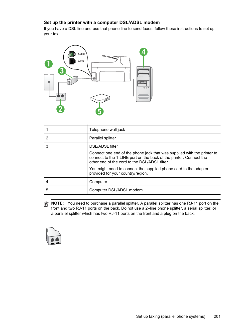 Set up the printer with a computer dsl/adsl modem | HP Officejet Pro 8500A User Manual | Page 205 / 246