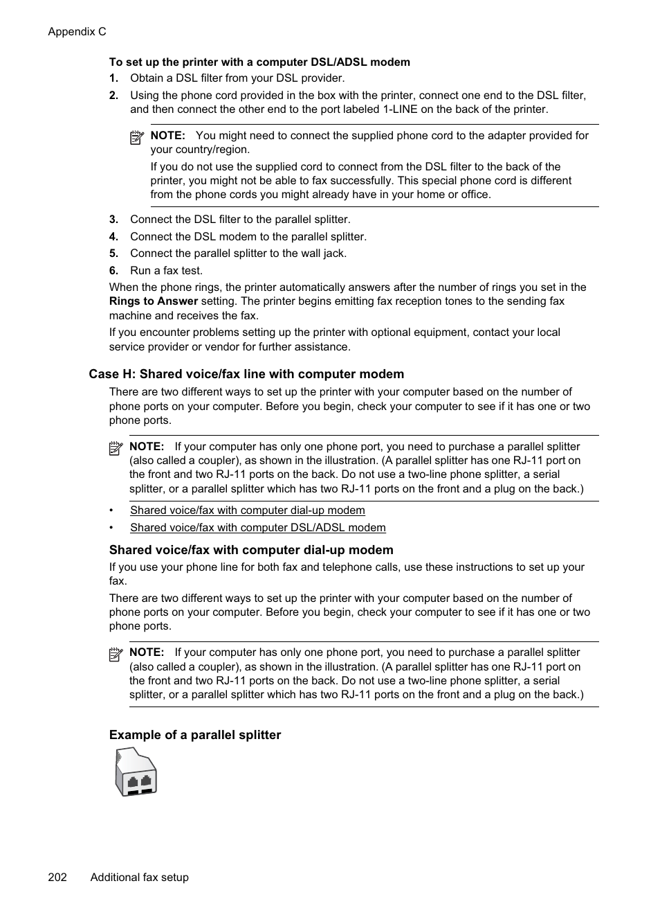 Case h: shared voice/fax line with computer modem, Shared voice/fax with computer dial-up modem | HP Officejet Pro 8500A User Manual | Page 206 / 246