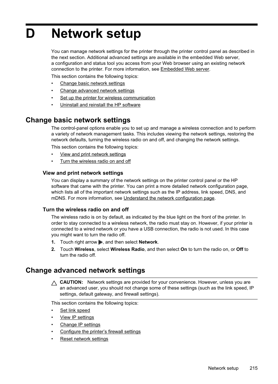 Network setup, Change basic network settings, View and print network settings | Turn the wireless radio on and off, Change advanced network settings, Network setup change basic network settings, Creating and using firewall rules, Reset network settings, Dnetwork setup | HP Officejet Pro 8500A User Manual | Page 219 / 246