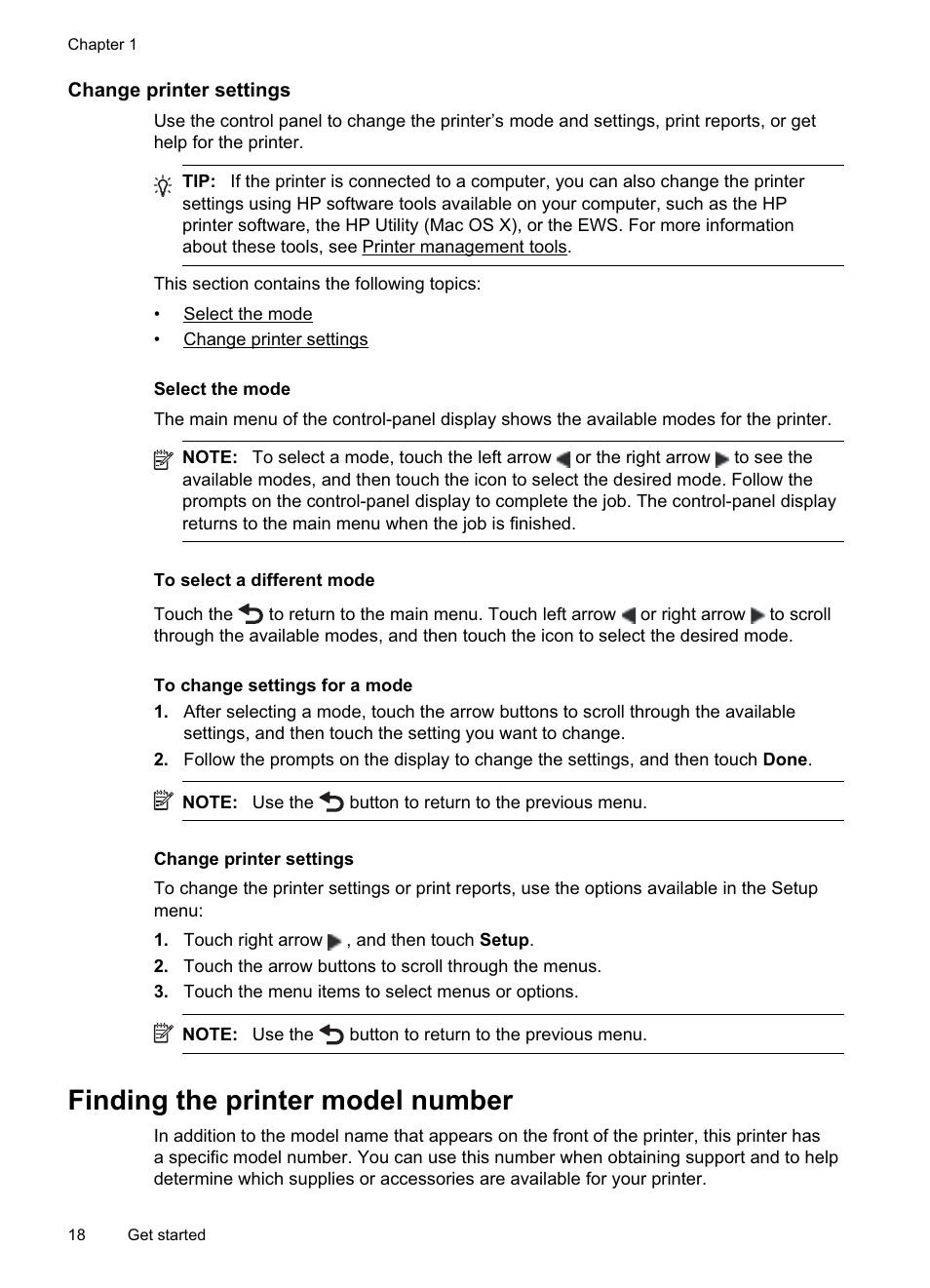 Change printer settings, Select the mode, Finding the printer model number | HP Officejet Pro 8500A User Manual | Page 22 / 246