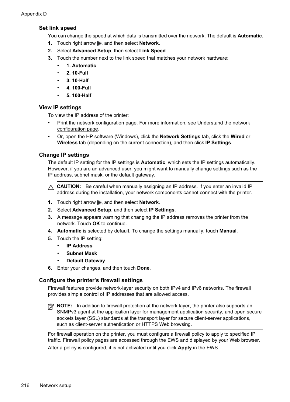 Set link speed, View ip settings, Change ip settings | Configure the printer’s firewall settings | HP Officejet Pro 8500A User Manual | Page 220 / 246