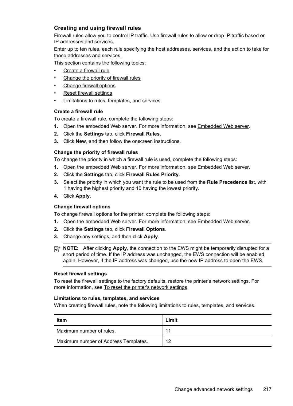 Creating and using firewall rules | HP Officejet Pro 8500A User Manual | Page 221 / 246