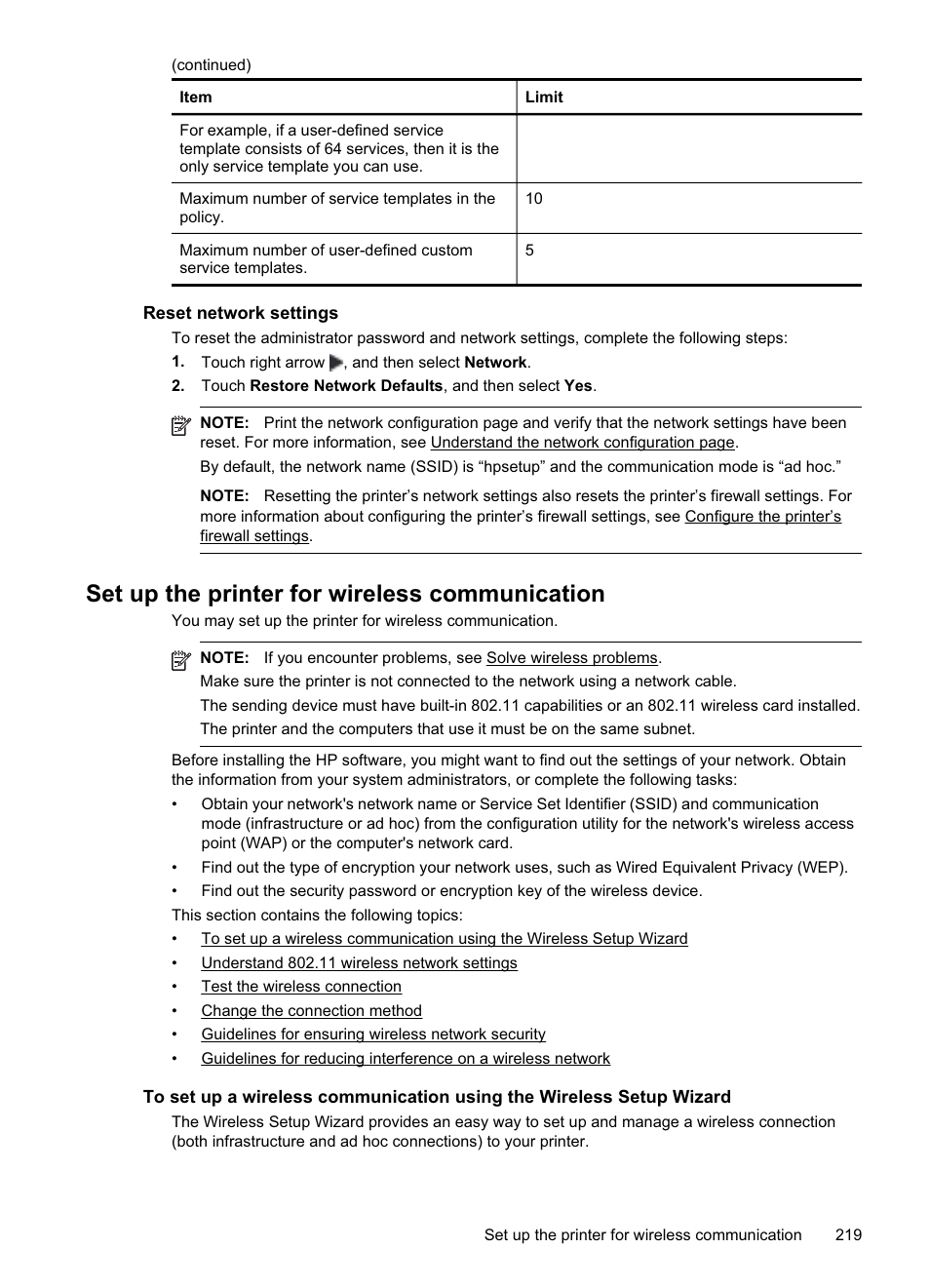 Reset network settings, Set up the printer for wireless communication | HP Officejet Pro 8500A User Manual | Page 223 / 246