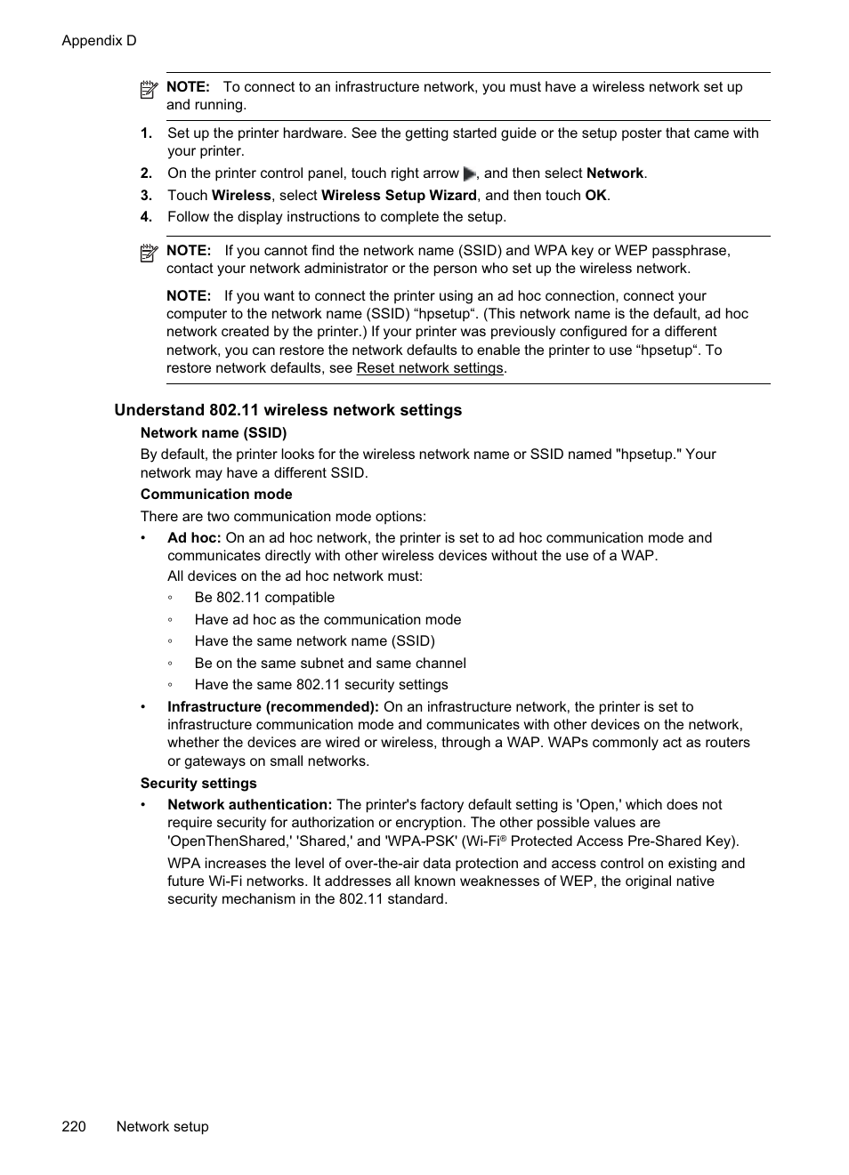 Understand 802.11 wireless network settings | HP Officejet Pro 8500A User Manual | Page 224 / 246