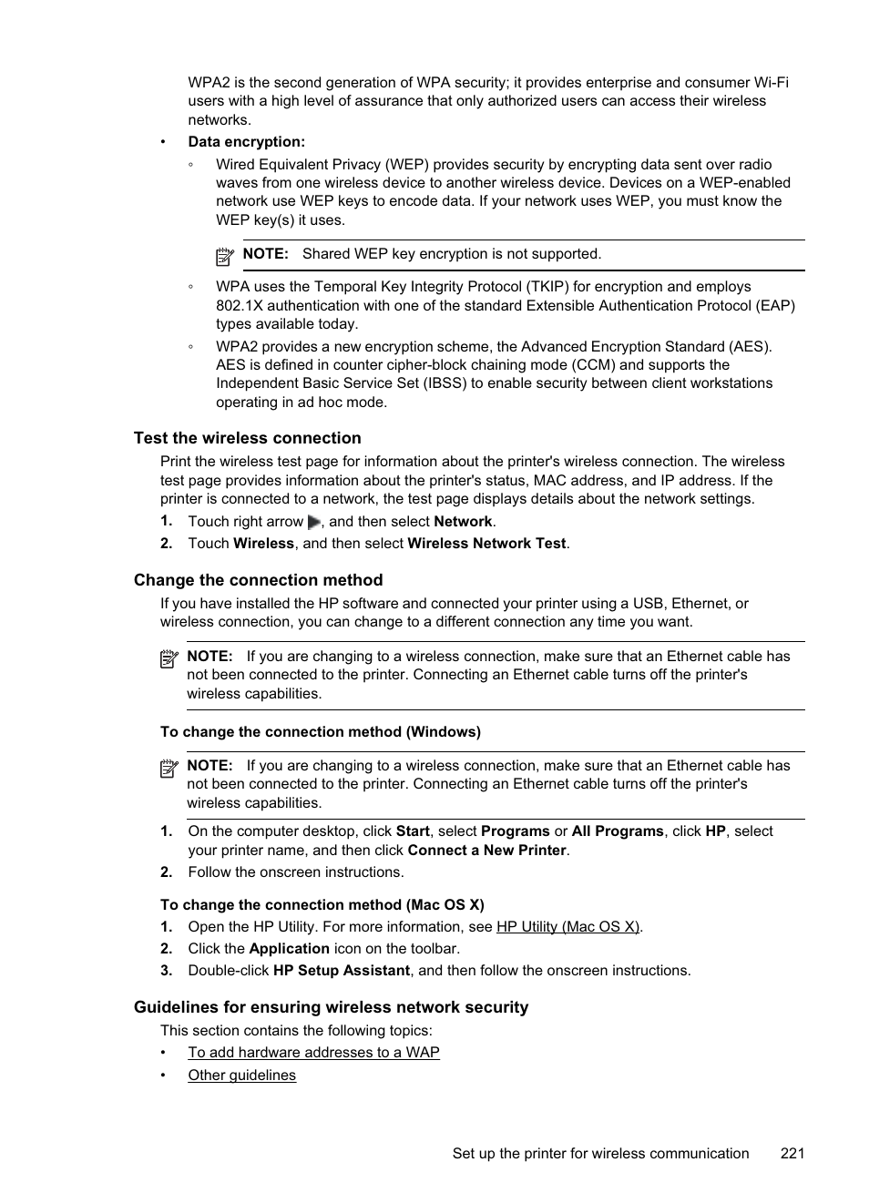 Test the wireless connection, Change the connection method, Guidelines for ensuring wireless network security | HP Officejet Pro 8500A User Manual | Page 225 / 246