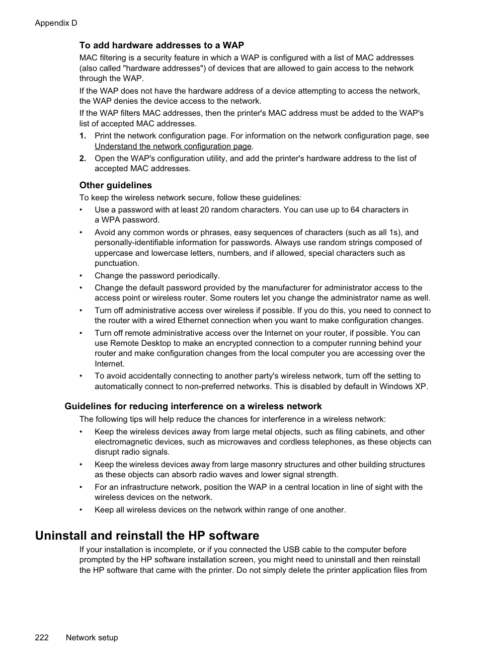 To add hardware addresses to a wap, Other guidelines, Uninstall and reinstall the hp software | HP Officejet Pro 8500A User Manual | Page 226 / 246