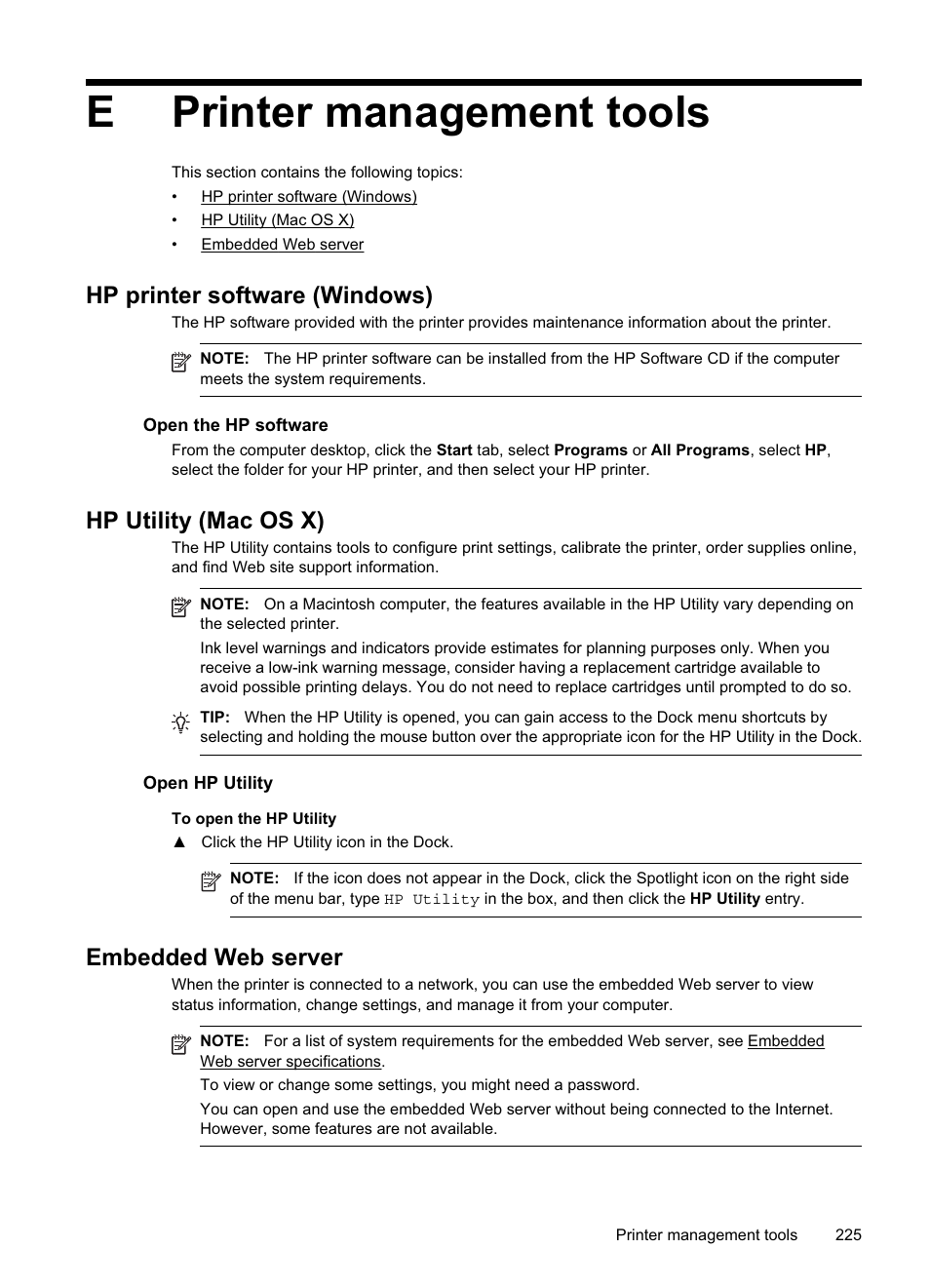 Printer management tools, Hp printer software (windows), Hp utility (mac os x) | Embedded web server, More information, see embedded web server, See embedded web server, Hp printer software, Windows), Embedded, Web server | HP Officejet Pro 8500A User Manual | Page 229 / 246