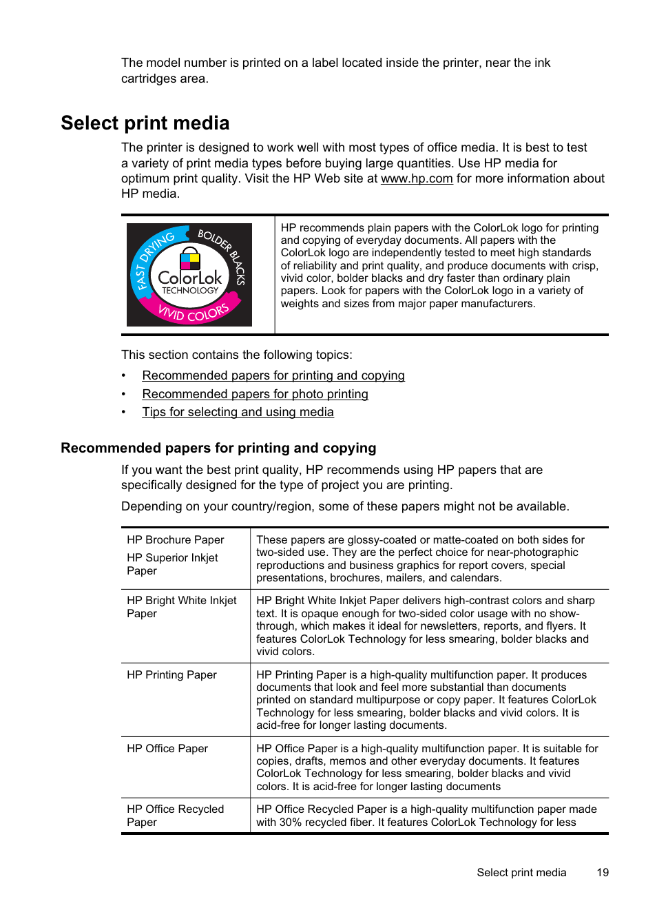 Select print media, Recommended papers for printing and copying | HP Officejet Pro 8500A User Manual | Page 23 / 246