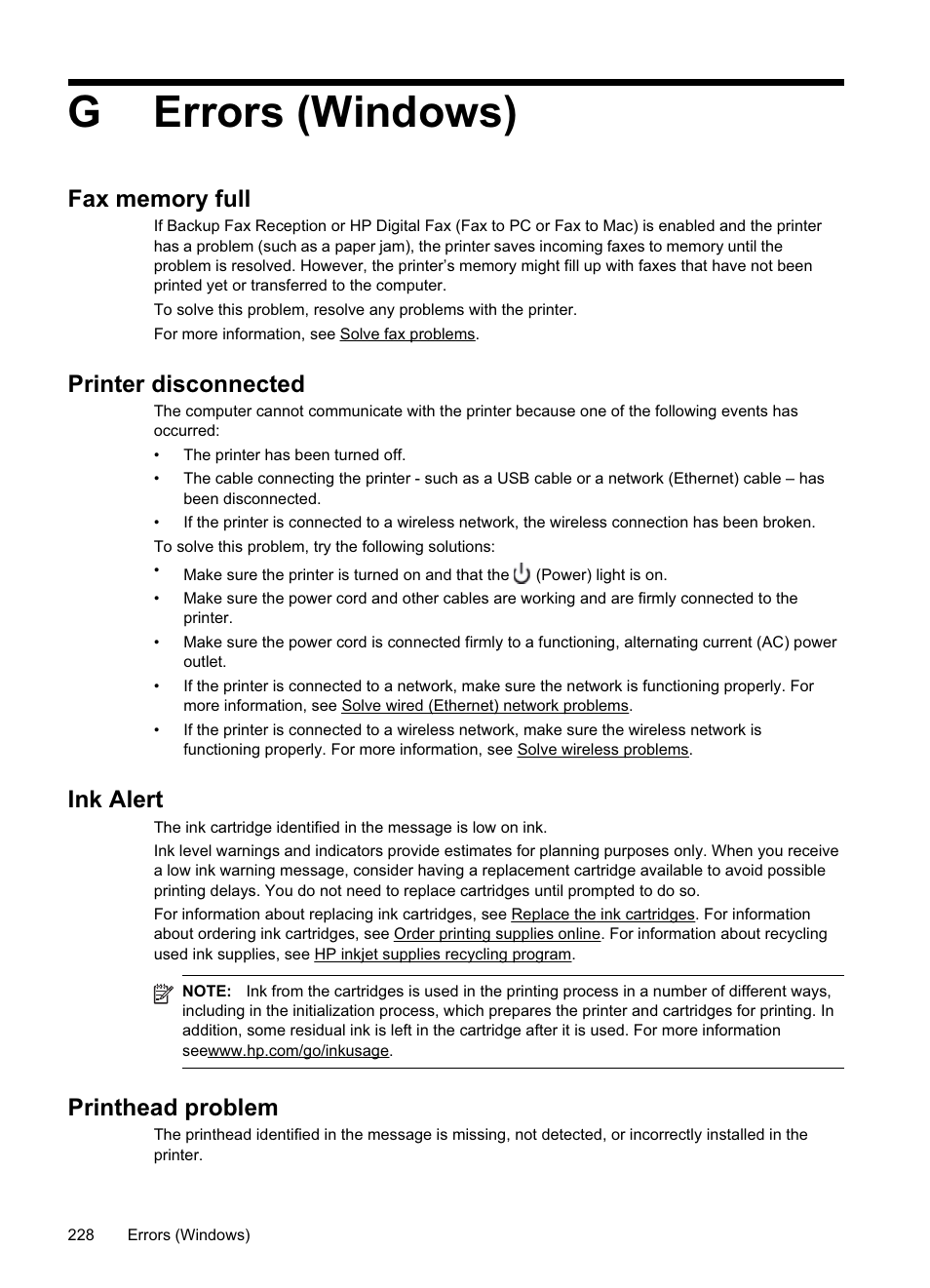 Gerrors (windows), Printer disconnected, Ink alert | Printhead problem | HP Officejet Pro 8500A User Manual | Page 232 / 246