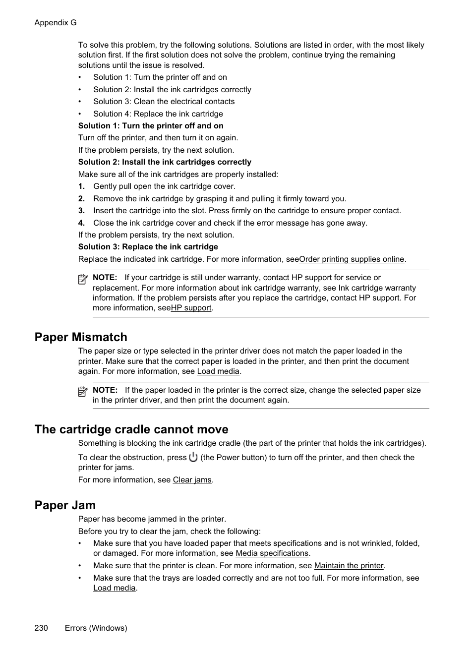 Paper mismatch, The cartridge cradle cannot move, Paper jam | HP Officejet Pro 8500A User Manual | Page 234 / 246