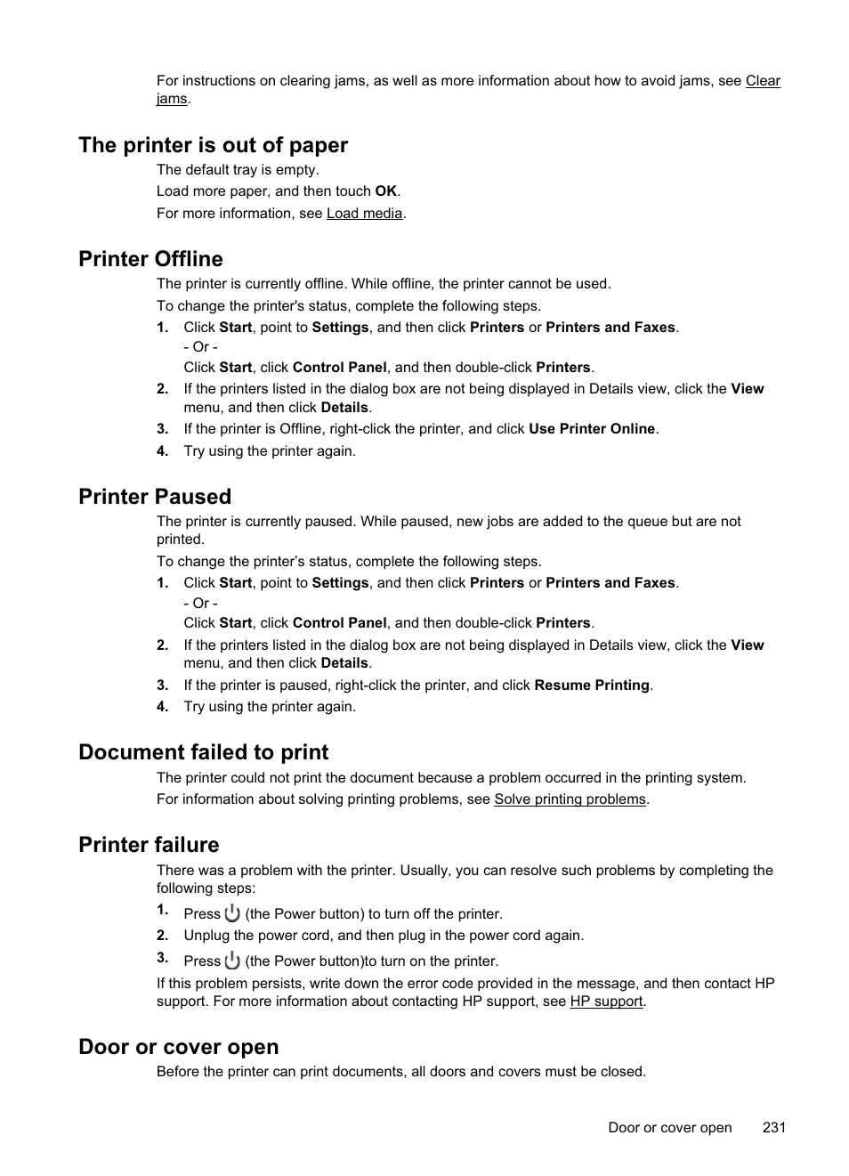 The printer is out of paper, Printer offline, Printer paused | Document failed to print, Printer failure, Door or cover open | HP Officejet Pro 8500A User Manual | Page 235 / 246