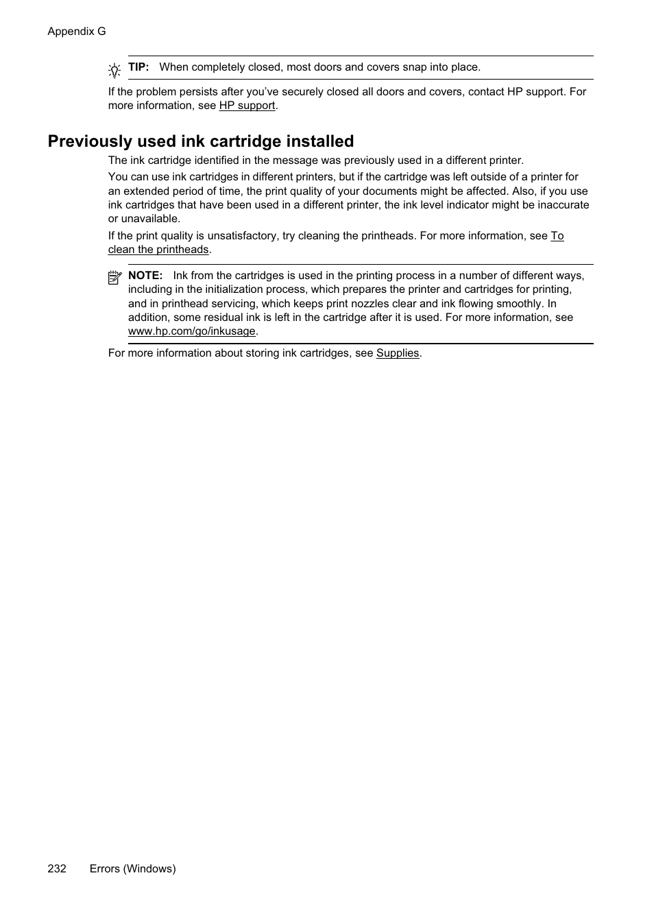 Previously used ink cartridge installed | HP Officejet Pro 8500A User Manual | Page 236 / 246