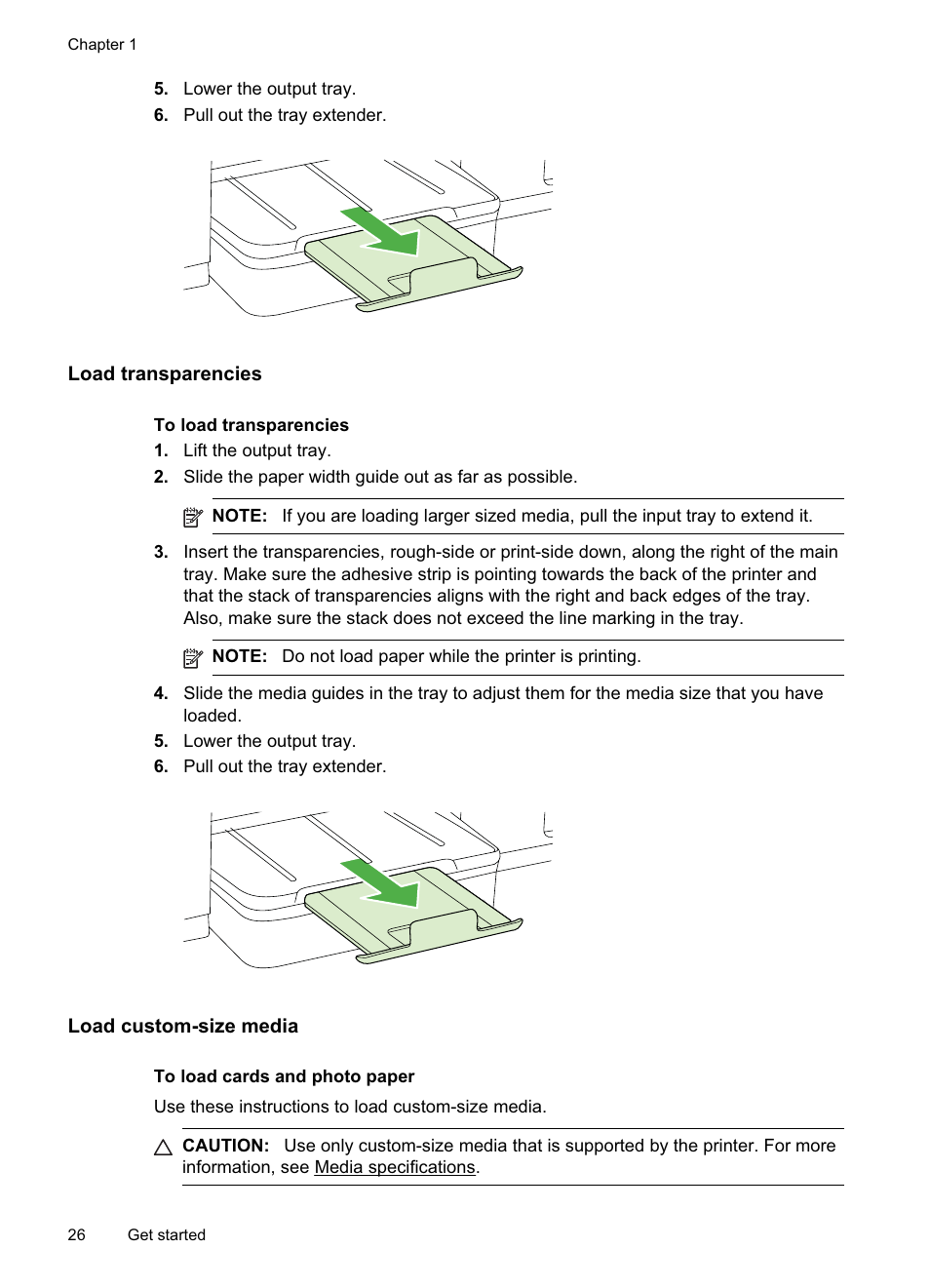 Load transparencies, Load custom-size media | HP Officejet Pro 8500A User Manual | Page 30 / 246