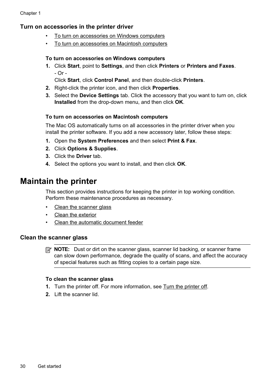 Turn on accessories in the printer driver, To turn on accessories on windows computers, To turn on accessories on macintosh computers | Maintain the printer, Clean the scanner glass, Turn on accessories, In the printer driver | HP Officejet Pro 8500A User Manual | Page 34 / 246